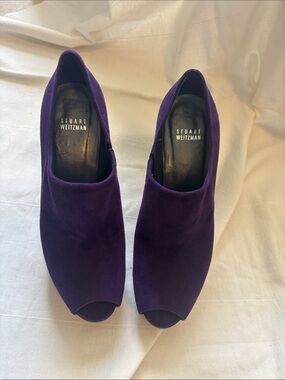 Stuart Weitzman Deep Purple Suede Peep-Toe Mules